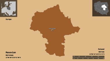 Masovia 'nın şekli, Polonya' nın Voyvoda 'lığı ve başkenti. Uzaklık ölçeği, ön gösterimler ve etiketler. Düzenli desenli dokuların bileşimi. 3B görüntüleme