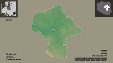 Masovia 'nın şekli, Polonya' nın Voyvoda 'lığı ve başkenti. Uzaklık ölçeği, ön gösterimler ve etiketler. Topografik yardım haritası. 3B görüntüleme