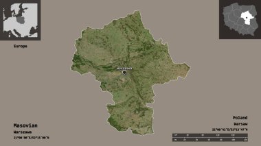 Masovia 'nın şekli, Polonya' nın Voyvoda 'lığı ve başkenti. Uzaklık ölçeği, ön gösterimler ve etiketler. Uydu görüntüleri. 3B görüntüleme
