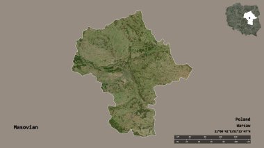 Masovia 'nın şekli, Polonya' nın Voyvoda 'lığı, sermayesi sağlam arka planda izole edilmiş. Uzaklık ölçeği, bölge önizlemesi ve etiketleri. Uydu görüntüleri. 3B görüntüleme
