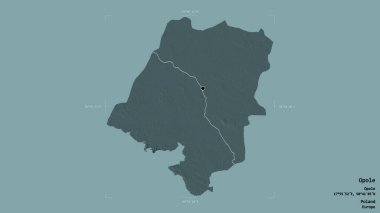 Opole bölgesi, Polonya 'nın Voyvoda' sı, katı bir arka planda izole edilmiş bir sınır kutusunda. Etiketler. Renkli yükseklik haritası. 3B görüntüleme