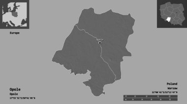Opole 'un şekli, Polonya' nın boşluğu ve başkenti. Uzaklık ölçeği, ön gösterimler ve etiketler. Çift seviyeli yükseklik haritası. 3B görüntüleme