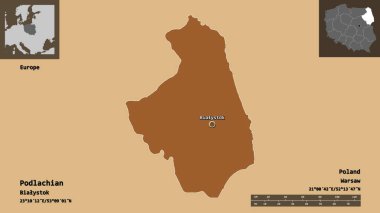 Podlachian 'ın şekli, Polonya' nın Voyvoda 'lığı ve başkenti. Uzaklık ölçeği, ön gösterimler ve etiketler. Düzenli desenli dokuların bileşimi. 3B görüntüleme