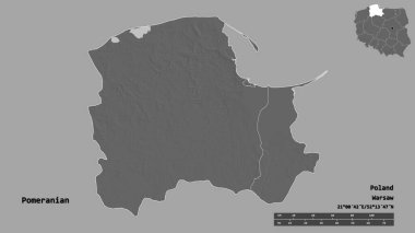 Pomeranya 'nın şekli, Polonya' nın Voyvoda 'lığı, sermayesi sağlam arka planda izole edilmiş. Uzaklık ölçeği, bölge önizlemesi ve etiketleri. Çift seviyeli yükseklik haritası. 3B görüntüleme