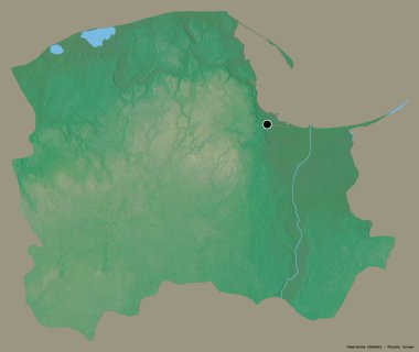 Pomeranya 'nın şekli, Polonya' nın Voyvoda 'lığı, başkenti katı bir renk arka planına izole edilmiş. Topografik yardım haritası. 3B görüntüleme