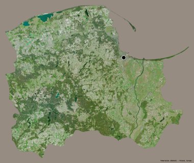 Pomeranya 'nın şekli, Polonya' nın Voyvoda 'lığı, başkenti katı bir renk arka planına izole edilmiş. Uydu görüntüleri. 3B görüntüleme