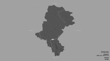 Silezya bölgesi, Polonya 'nın Voyvoda' sı, katı bir arka planda izole edilmiş bir sınır kutusunda. Etiketler. Çift seviyeli yükseklik haritası. 3B görüntüleme