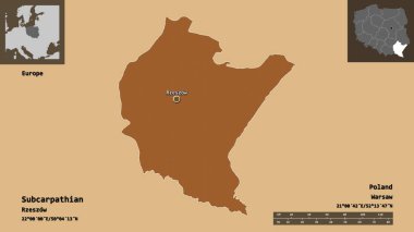 Subcarpathian 'ın şekli, Polonya' nın Voyvoda 'lığı ve başkenti. Uzaklık ölçeği, ön gösterimler ve etiketler. Düzenli desenli dokuların bileşimi. 3B görüntüleme