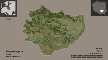 Swietokrzyskie 'nin şekli, Polonya' nın Voyvoda 'lığı ve başkenti. Uzaklık ölçeği, ön gösterimler ve etiketler. Uydu görüntüleri. 3B görüntüleme