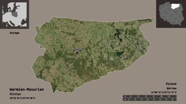 Ilık Masurian 'ın şekli, Polonya' nın Voyvoda 'lığı ve başkenti. Uzaklık ölçeği, ön gösterimler ve etiketler. Uydu görüntüleri. 3B görüntüleme