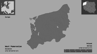 Batı Pomeranya 'nın şekli, Polonya' nın Voyvoda 'lığı ve başkenti. Uzaklık ölçeği, ön gösterimler ve etiketler. Çift seviyeli yükseklik haritası. 3B görüntüleme