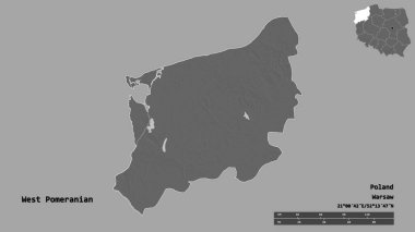Batı Pomeranya 'nın şekli, Polonya' nın Voyvoda 'lığı, başkenti sağlam bir arka planda izole edilmiş. Uzaklık ölçeği, bölge önizlemesi ve etiketleri. Çift seviyeli yükseklik haritası. 3B görüntüleme