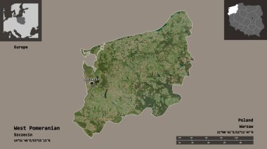 Batı Pomeranya 'nın şekli, Polonya' nın Voyvoda 'lığı ve başkenti. Uzaklık ölçeği, ön gösterimler ve etiketler. Uydu görüntüleri. 3B görüntüleme