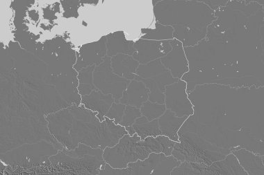 Polonya 'nın ülke sınırları, uluslararası ve bölgesel sınırları olan geniş bir bölgesi. Çift seviyeli yükseklik haritası. 3B görüntüleme