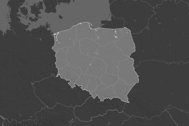 Polonya 'nın şekli, komşu bölgelerin dedoygunluğuyla ayrılır. Sınırlar. Çift seviyeli yükseklik haritası. 3B görüntüleme