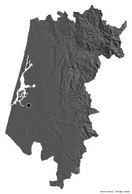 Portekiz 'in Aveiro semti, başkenti beyaz arka planda izole edilmiştir. Çift seviyeli yükseklik haritası. 3B görüntüleme