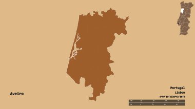 Portekiz 'in Aveiro semti, başkenti sağlam bir zemin üzerinde izole edilmiştir. Uzaklık ölçeği, bölge önizlemesi ve etiketleri. Düzenli desenli dokuların bileşimi. 3B görüntüleme
