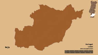 Portekiz 'in Beja semti, başkenti sağlam arka planda izole edilmiş. Uzaklık ölçeği, bölge önizlemesi ve etiketleri. Düzenli desenli dokuların bileşimi. 3B görüntüleme