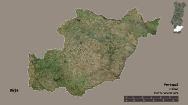 Portekiz 'in Beja semti, başkenti sağlam arka planda izole edilmiş. Uzaklık ölçeği, bölge önizlemesi ve etiketleri. Uydu görüntüleri. 3B görüntüleme
