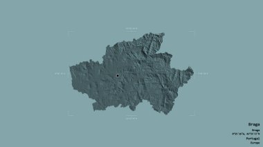 Braga bölgesi, Portekiz bölgesi, katı bir arka planda izole edilmiş bir sınır kutusunda. Etiketler. Renkli yükseklik haritası. 3B görüntüleme