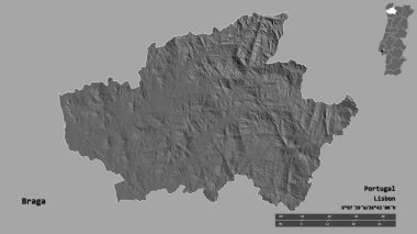 Portekiz 'in Braga semti, başkenti sağlam bir zemin üzerinde izole edilmiştir. Uzaklık ölçeği, bölge önizlemesi ve etiketleri. Çift seviyeli yükseklik haritası. 3B görüntüleme