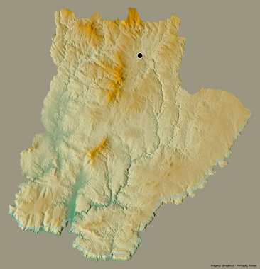 Portekiz 'in Braganca semti, başkenti katı renk arkaplanı ile izole edilmiştir. Topografik yardım haritası. 3B görüntüleme