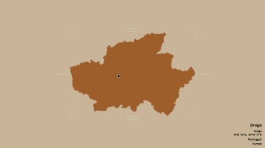 Braga bölgesi, Portekiz bölgesi, katı bir arka planda izole edilmiş bir sınır kutusunda. Etiketler. Desenli dokuların bileşimi. 3B görüntüleme