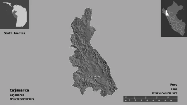 秘鲁卡哈马卡地区的形状及其首都 距离刻度 预览和标签 Bilevel高程图 3D渲染 — 图库照片