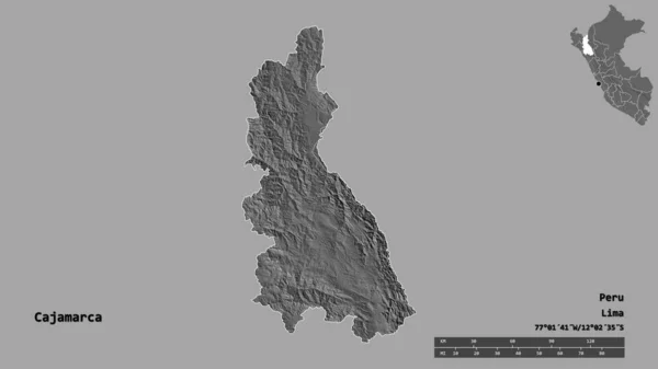 秘鲁卡哈马卡地区的形状 其首都在坚实的背景下与世隔绝 距离尺度 区域预览和标签 Bilevel高程图 3D渲染 — 图库照片