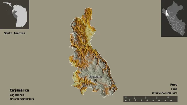 カジャマルカの形 ペルーの地域 そしてその首都 距離スケール プレビューおよびラベル 地形図 3Dレンダリング — ストック写真