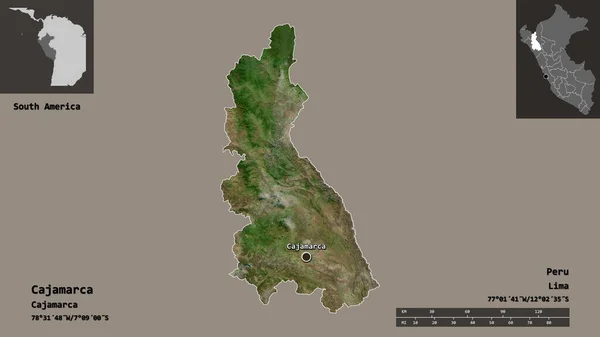 カジャマルカの形 ペルーの地域 そしてその首都 距離スケール プレビューおよびラベル 衛星画像 3Dレンダリング — ストック写真
