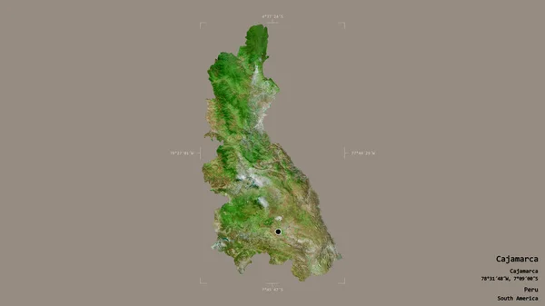 ペルーの地域であるカジャマルカの地域は 洗練された境界の箱の中にしっかりとした背景に隔離されています ラベル 衛星画像 3Dレンダリング — ストック写真