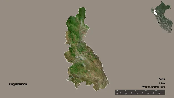 秘鲁卡哈马卡地区的形状 其首都在坚实的背景下与世隔绝 距离尺度 区域预览和标签 卫星图像 3D渲染 — 图库照片