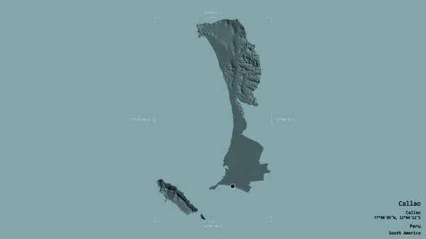 ペルーのカラオ州の地域は 洗練された境界ボックス内の強固な背景に隔離されています ラベル 色の標高マップ 3Dレンダリング — ストック写真