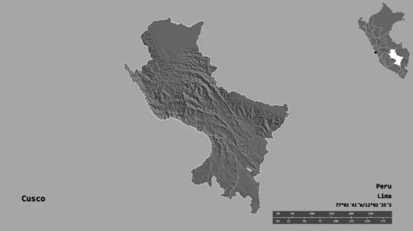 秘鲁库斯科地区的形状 其首都在坚实的背景下与世隔绝 距离尺度 区域预览和标签 Bilevel高程图 3D渲染 — 图库照片