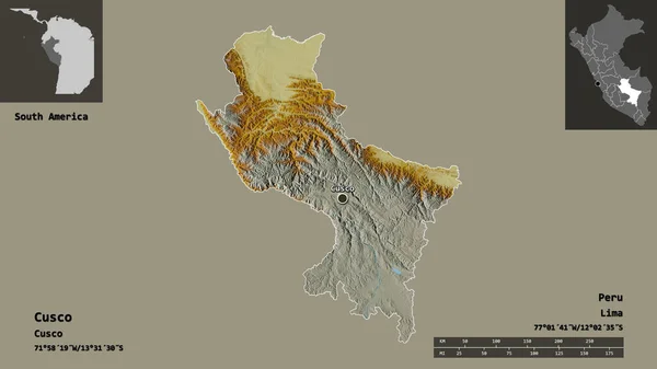 クスコの形状 ペルーの地域 およびその首都 距離スケール プレビューおよびラベル 地形図 3Dレンダリング — ストック写真