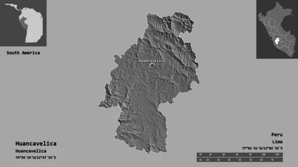 フアンカベリカの形 ペルーの地域 そしてその首都 距離スケール プレビューおよびラベル 標高マップ 3Dレンダリング — ストック写真