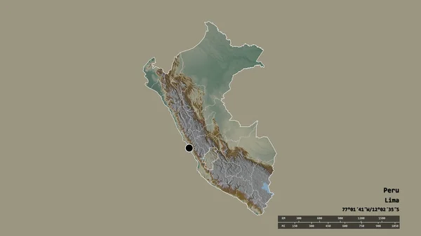 主要な地域部門と分離されたフアンカベリカ地域とペルーの荒廃した形 ラベル 地形図 3Dレンダリング — ストック写真