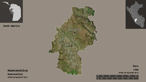 秘鲁万卡维利卡的形状及其首都 距离刻度 预览和标签 卫星图像 3D渲染 — 图库照片