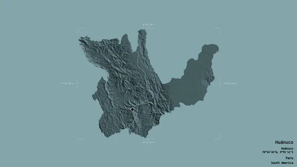 秘鲁瓦努科地区 以坚实的背景隔离在一个地理参考方块中 彩色高程图 3D渲染 — 图库照片