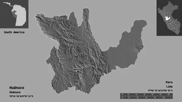 秘鲁瓦努科地区的形状及其首都 距离刻度 预览和标签 Bilevel高程图 3D渲染 — 图库照片