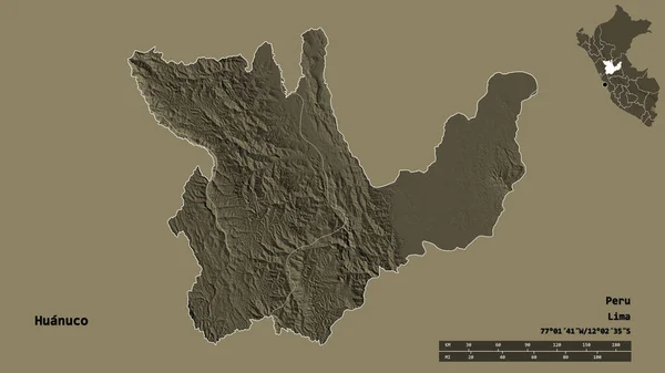 秘鲁瓦努科地区的形状 其首都在坚实的背景下与世隔绝 距离尺度 区域预览和标签 彩色高程图 3D渲染 — 图库照片
