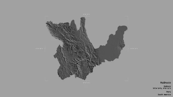 ペルーの地域であるHuanucoの地域は 洗練された境界ボックス内の強固な背景に隔離されています ラベル 標高マップ 3Dレンダリング — ストック写真