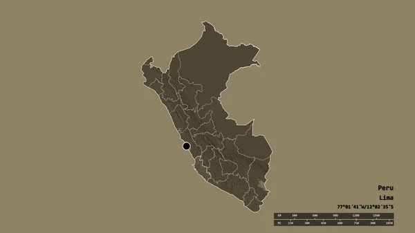 Desaturated Shape Peru Its Capital Main Regional Division Separated Ica — Stock Photo, Image