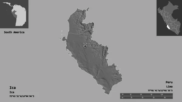 イカの形 ペルーの地域 そしてその首都 距離スケール プレビューおよびラベル 標高マップ 3Dレンダリング — ストック写真