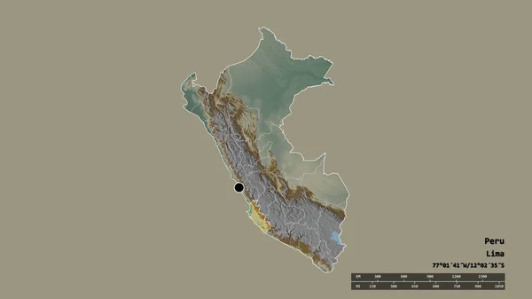 主要な地域部門と分離したIca地域とペルーの荒廃した形 ラベル 地形図 3Dレンダリング — ストック写真