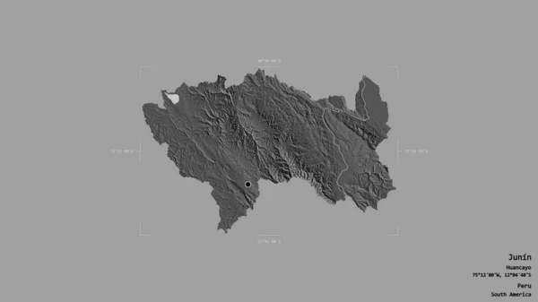 ペルーの地域であるジュニンの地域は 洗練された境界ボックス内の強固な背景に隔離されています ラベル 標高マップ 3Dレンダリング — ストック写真