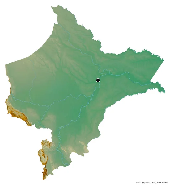 ペルーの地域であるロレートの形で その首都は白い背景に隔離されています 地形図 3Dレンダリング — ストック写真