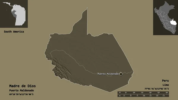 Form Madre Dios Regionen Peru Och Dess Huvudstad Avståndsskala Förhandsvisningar — Stockfoto