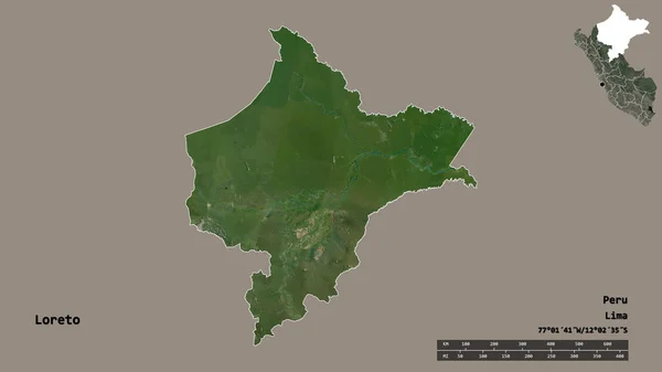秘鲁洛雷托地区的形状 其首都在坚实的背景下与世隔绝 距离尺度 区域预览和标签 卫星图像 3D渲染 — 图库照片